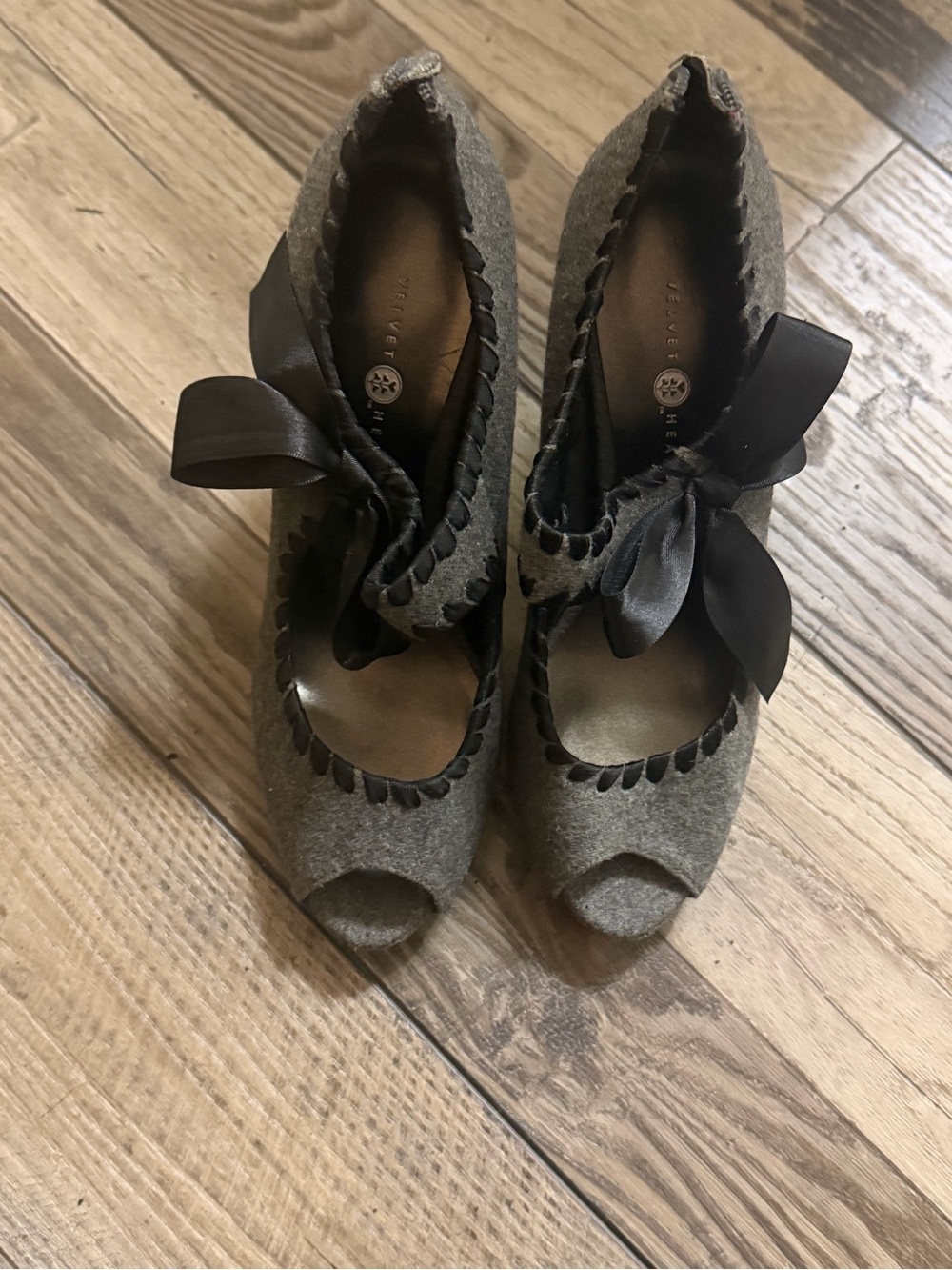 Velvet Heart Gray Peep-Toe Heels with Black Ribbon Bow